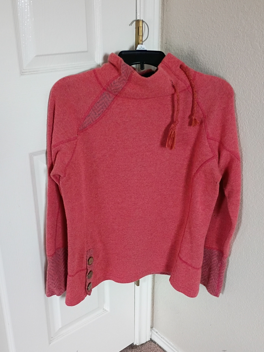 Prana Coral Pink Funnel Neck Sweater with Tassel Tie